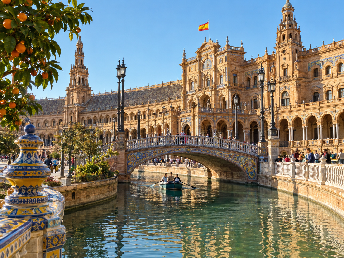 Plaza de España in Sevilla with the canal and historic buildings